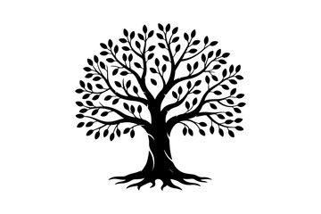 Black silhouette of a tree with detailed roots and foliage