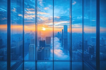 Panoramic cityscape view through glass windows at sunrise.