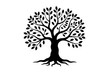 Black silhouette of a tree with detailed roots and foliage