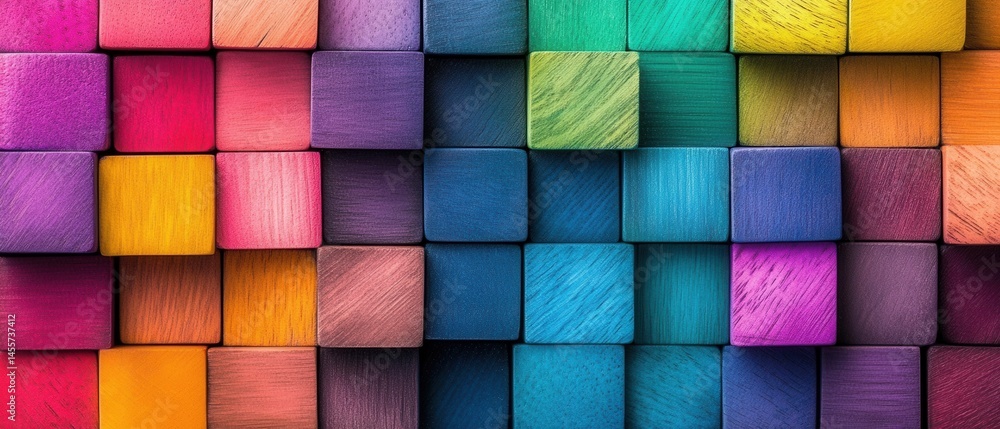 Poster colorful wooden blocks arranged in a pattern for background or texture with vibrant hues and grain d