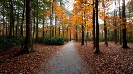 Fototapeta premium A serene forest trail meanders through brilliant autumn foliage, guiding the viewer toward a majestic waterfall illuminated by golden and orange leaves