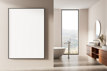 Modern minimalist bathroom interior with large blank poster mockup and scenic window view, elegant art frame on neutral beige wall, 3D Rendering. 3D Rendering
