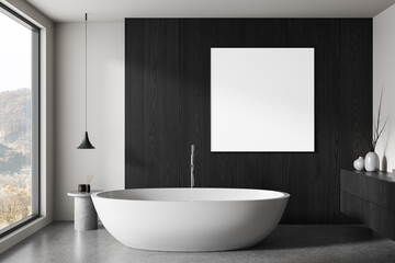 Modern bathroom interior with white bathtub, minimalistic decor, large blank poster mockup on dark wood wall, natural light window view. 3D Rendering