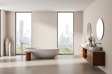 Minimalist luxury bathroom interior with freestanding bathtub, wooden vanity with double sinks and large windows overlooking cityscape, serene atmosphere. 3D Rendering
