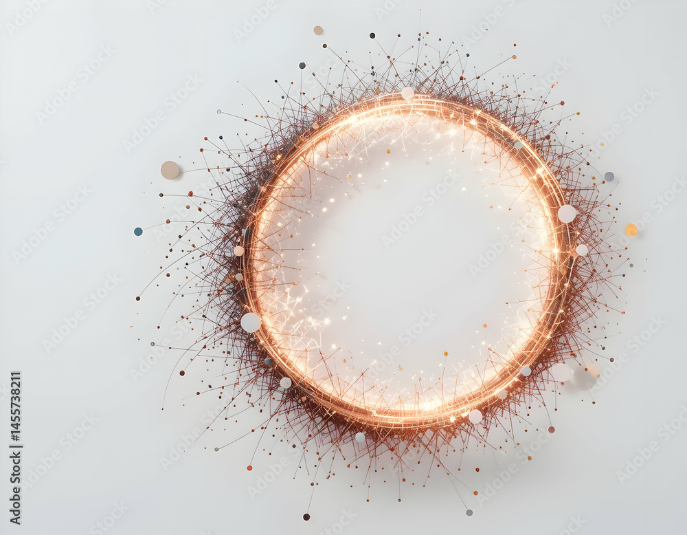 Poster glowing circle with connected lines and dots on a white background
