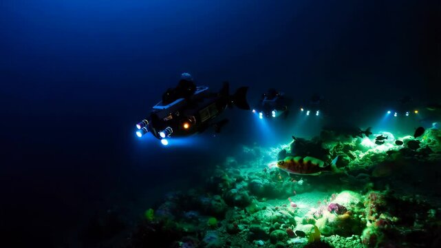 Submersibles explore vibrant deep-sea coral reef illuminated by powerful lights