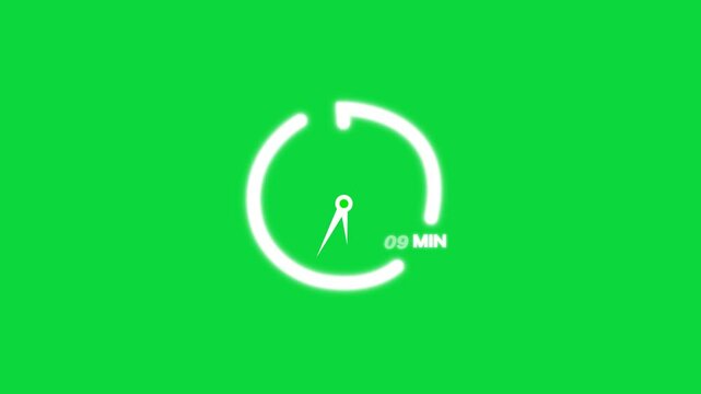 9 minutes timer clock animation on green screen transparent background. stopwatch icon. 9 minute timer video. time indicator. time measure, chronometer icon 9 minutes, countdown sign.