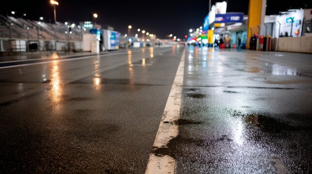 Wet racetrack reflects night lighting while blurred activity in the pit lane enhances the motorsport atmosphere, creating a dynamic and energetic scene