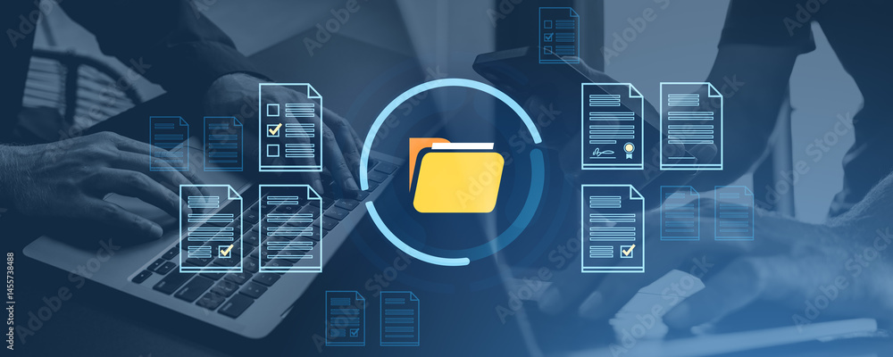 Poster digital file management with document icons and folder on technology background.