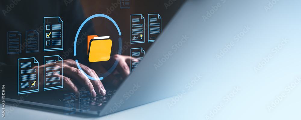 Poster digital file folder icons over keyboard representing document management system.