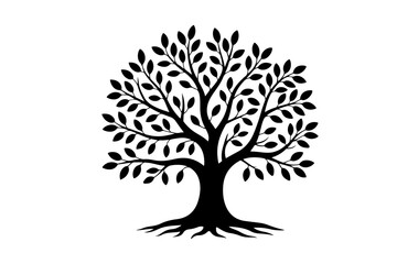 Black silhouette of a tree with detailed roots and foliage