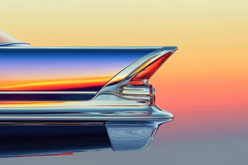 Fotobehang Oldtimers Close-up of a classic car's tail fin and light, reflecting a vibrant sunset sky and stylish chrome.  © hkjdesign
