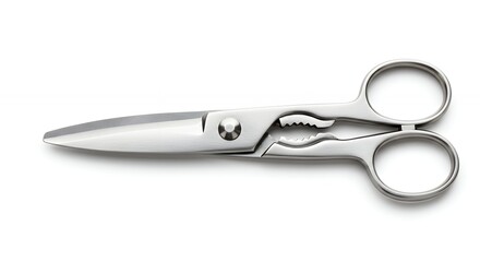 Fototapeta premium Shiny metal scissors isolated on white background precision cutting tool