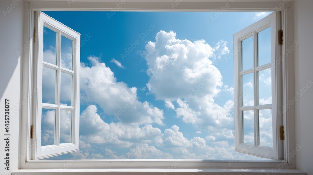 Poster the open window frame reveals a bright sunny day outside, featuring fluffy clouds drifting across a 
