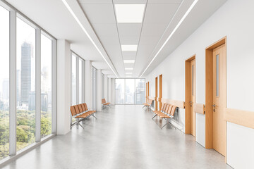 Bright and modern hospital hallway with wooden doors, large glass windows, and orange seating benches in clean architectural design. 3D Rendering