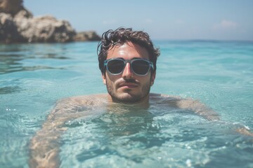 Naklejka premium calm sea scene, man with shades drifting on clear waves