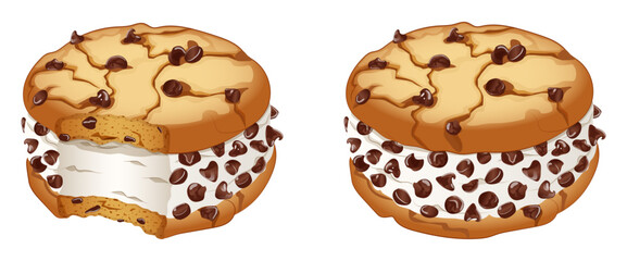 Chocolate Chip Cookie Ice Cream Sandwich Bitten and Whole. Popular American Summer Dessert Detailed Illustration