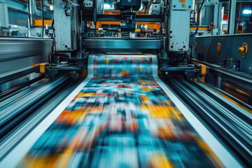 Printing machine in a bustling factory, creating colorful packaging materials for various products.