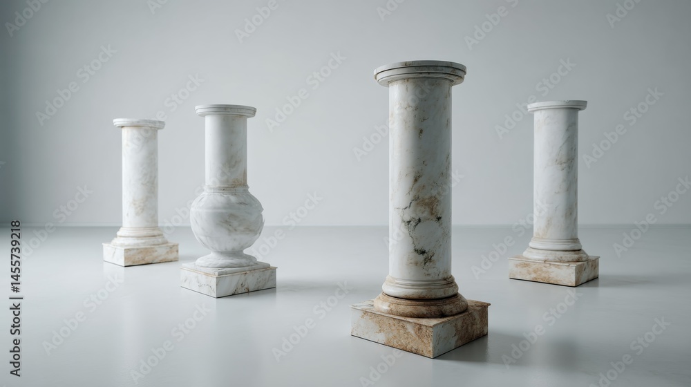 Poster tall marble pillars showcase intricate carvings against a crisp white background, offering depth and
