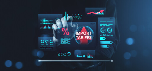 Import tariffs concept with increasing trade growth and economic data graphics on futuristic virtual screen background in blue business environment.