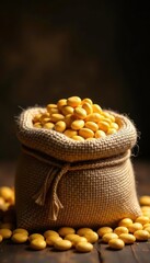 A burlap sack overflowing with gleaming gold beans , fabric, wealth