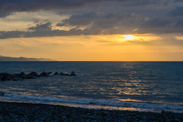 Calm Mediterranean sunset with mountains in Cyprus
