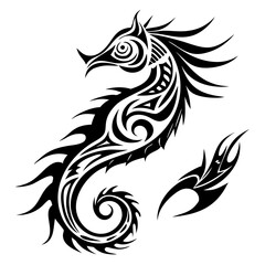 Seahorse Silhouette Vector - Tribal Style Ocean Creature Art,Seahorse Silhouette Vector in bold tribal style, perfect for ocean animal illustrations