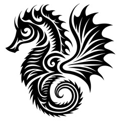 Seahorse Silhouette Vector - Tribal Style Ocean Creature Art,Seahorse Silhouette Vector in bold tribal style, perfect for ocean animal illustrations