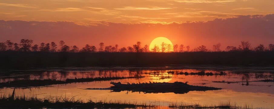 Alligator silhouetted against fiery sunset over swamp , twilight, sun, gators