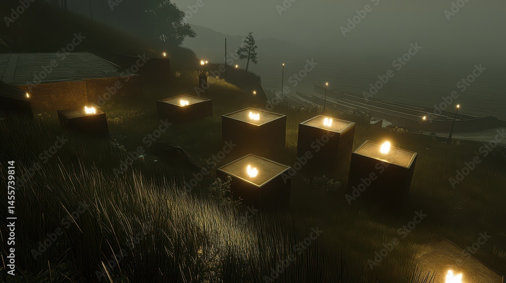 Poster glowing lanterns illuminating a path at twilight a serene and ethereal atmosphere with soft light an