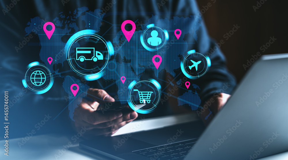 Poster digital logistics icons over world map with person using smartphone and laptop in dark setting.