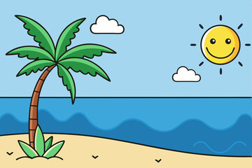 Obraz premium Cute Cartoon Beach Scene with Palm Trees, Waves, and Smiling Sun