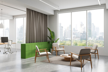 Modern office lounge area with green cabinet, wooden chairs, and large windows overlooking city skyline, bright and minimalistic design. 3D Rendering