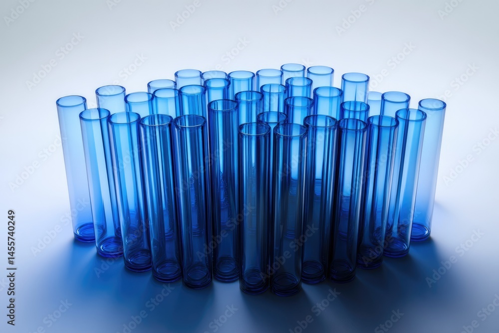 Poster a collection of translucent blue test tubes arranged in a circular pattern on a light blue backgroun