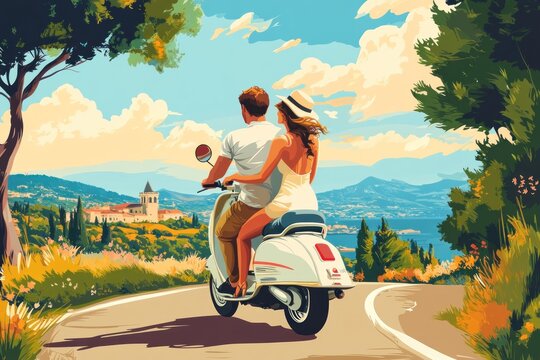 Happy couple riding vintage scooter through scenic countryside
