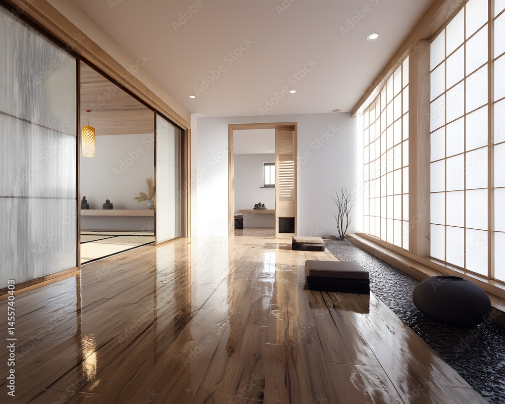 Aufkleber a calm and neutral home space with wooden floors open style windows and a blend of light and soft to