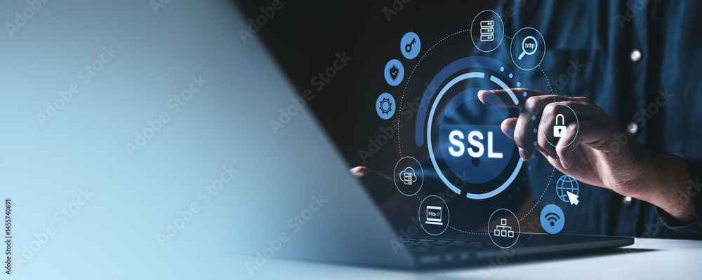 Poster ssl security concept with user interacting with virtual interface on laptop screen.