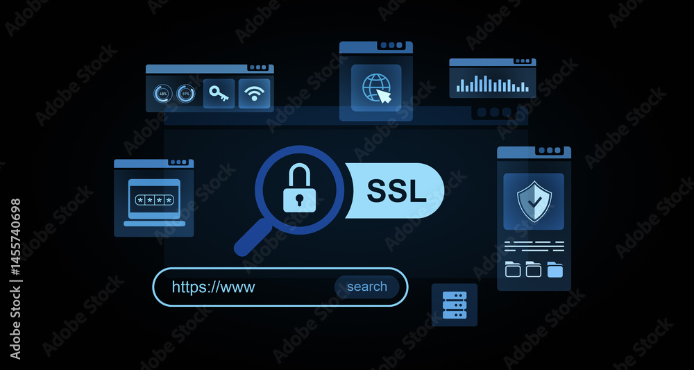 Poster ssl encryption and cybersecurity interface symbols with secure connection concept on dark background