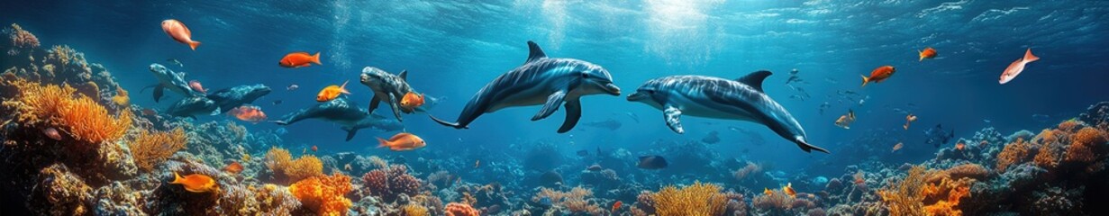 Fototapeta premium Two dolphins swim among coral and fish in a vibrant underwater scene.