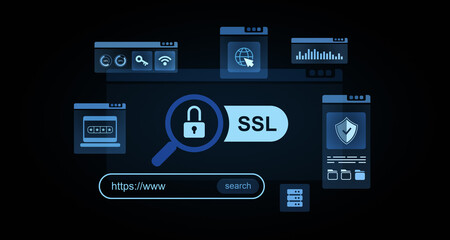 SSL encryption and cybersecurity interface symbols with secure connection concept on dark background for data protection and internet safety visualization. 3D Rendering