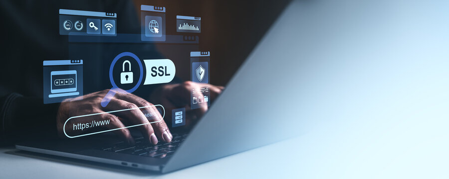 Cybersecurity concept with SSL encryption and secure browsing interface icons.