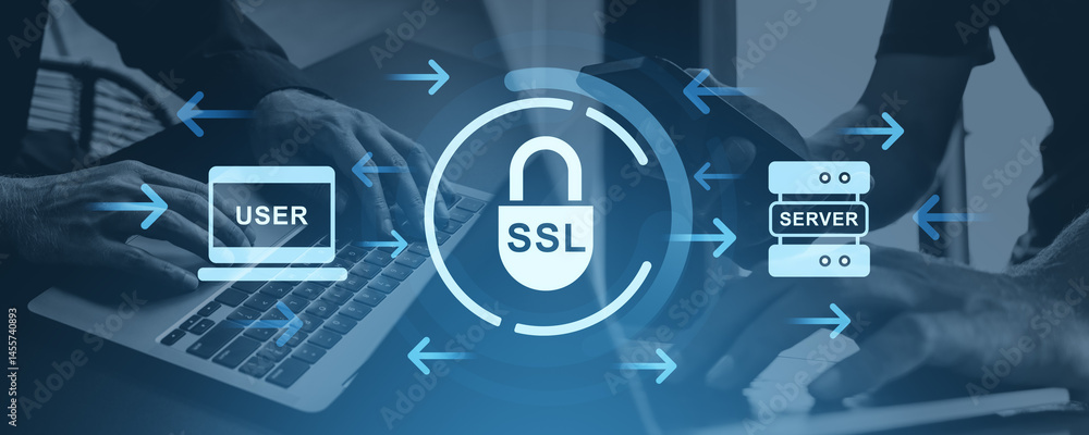 Poster ssl encryption concept between user and server for cybersecurity protection.