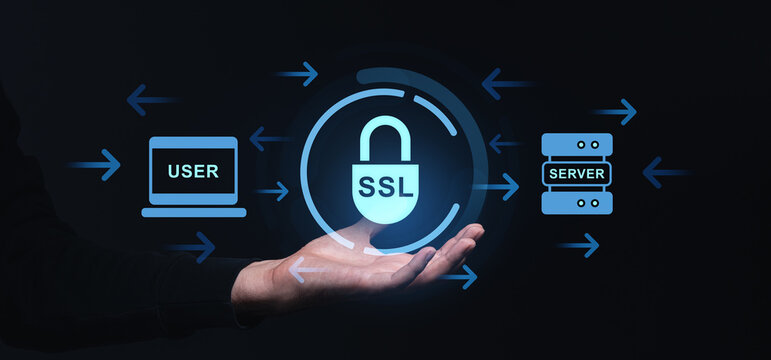 Secure SSL data flow between user and server with technology interface graphics.