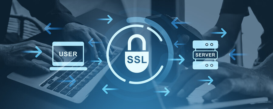 SSL encryption concept between user and server for cybersecurity protection.