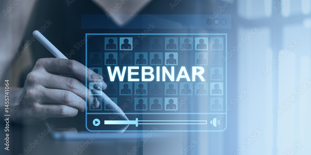 Poster webinar concept with digital interface and stylus on tablet in modern technology setting.