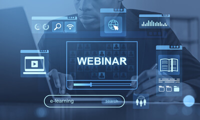 Webinar and e-learning concept with digital technology graphics
