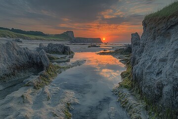 Dramatic sunset over a rocky Irish coastline at dawn.