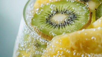 Refreshing fruit beverage with sliced kiwi and pine pieces served in a glass with bubbles and condensation, close-up of colorful tropical fruit drink