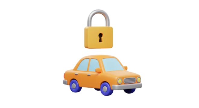 Isolated 3D Yellow Car with Padlock Above