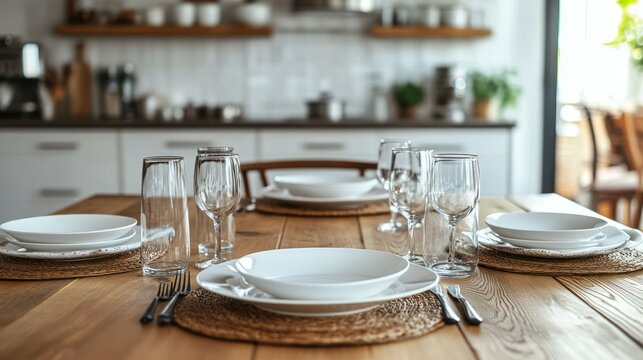 Elegant modern dining table set with white ceramic plates, clear drinking glasses, and cutlery, in a bright contemporary kitchen for family meals or gathes